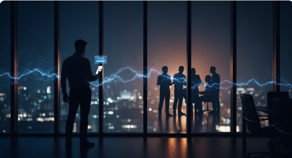 Founder standing before team at night symbolizing AI leadership and communication