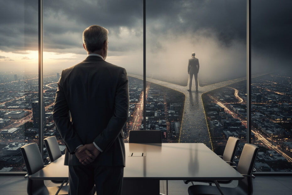 Executive at boardroom window contemplating decision-making traps in leadership
