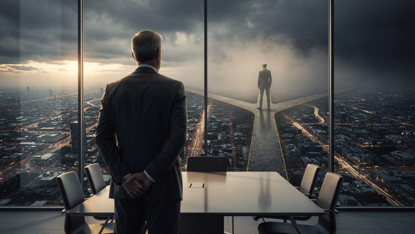 Executive at boardroom window contemplating decision-making traps in leadership