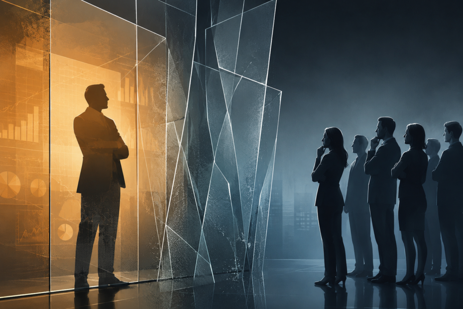 Leader silhouette in glass office - the transparency trap in leadership