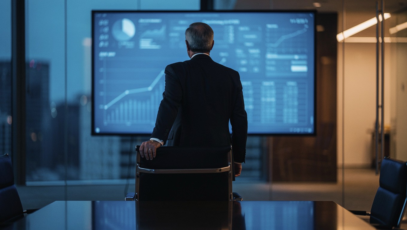 Executive standing before a glowing dashboard of data in a dark boardroom, representing a leader weighing AI insight against human judgment