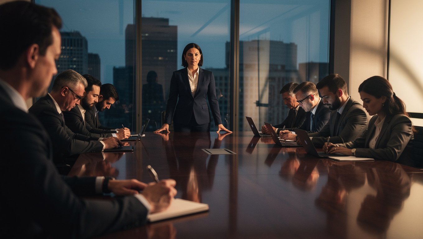 Psychological safety vs trust: a silent leadership team around a boardroom table as one member hesitates to speak up